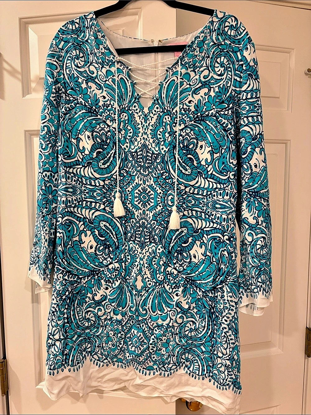 Lilly Pulitzer Mini Dress in Turquoise Blue & White Size Large EUC